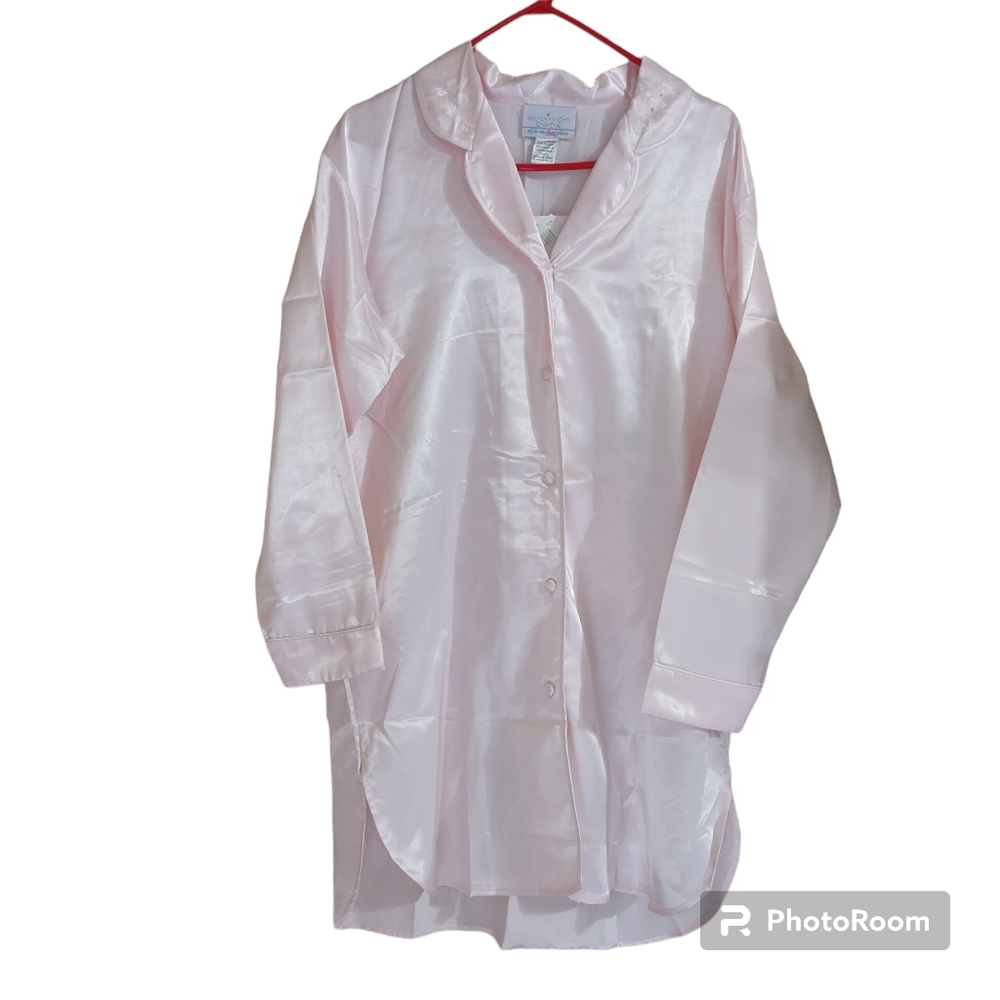 Allison Rhea Satin Long Sleeve Button Up Embroidered Floral Collar Nightgown